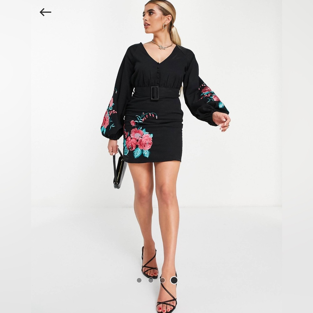 ASOS design belted twill mini dress with bright floral embroidery in black